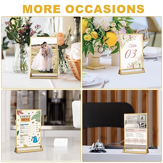 EHWINE 8 Pack 4×6 Clear Acrylic Sign Holder with Gold Borders and Vertical Stand, Double Sided Table Menu Holders Picture Frames for Wedding Table Numbers, Restaurant Signs, Photos and Art Display