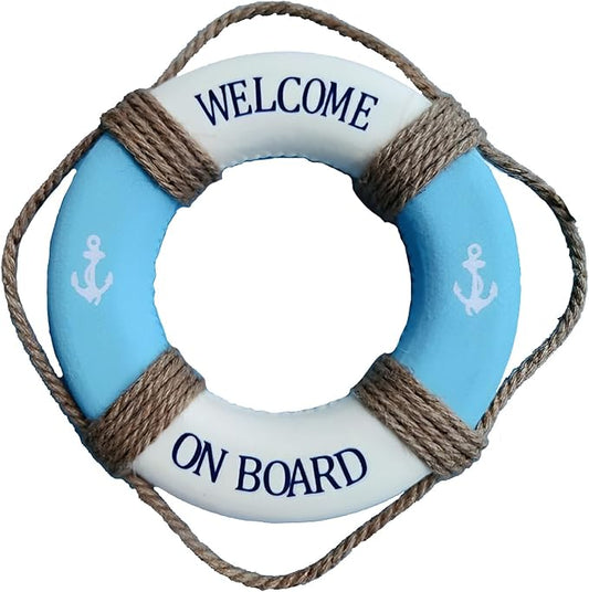 MorroMorn Lifebuoy Wall Hanging Decor - Welcome Aboard Mediterranean Style Home Decoration Hemp Rope (Blue, 14")