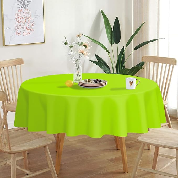 QIKSION Lime Green Round Tablecloth 2 Pack, 84 Inch Plastic Table Cover Disposable for Parties