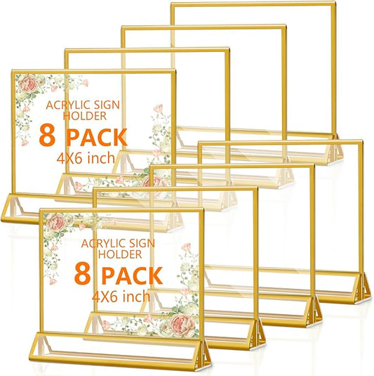 8 Pack Acrylic Sign Holders with Golden Border, Double Sided Clear Picture Frames, 6 x 4 Table Number Holders, Horizontal Menu Holders for Wedding Reception Art Display Party Decoration