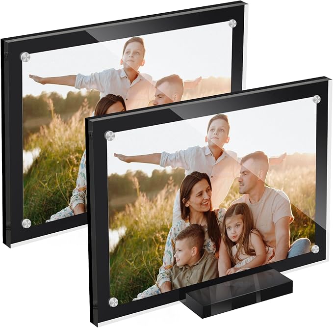 2 Pack Acrylic Magnetic Picture Frame 4x6, Clear Frame for Horizontal Vertical Tabletop Display, Black Photo Frame Magnets for Fridge