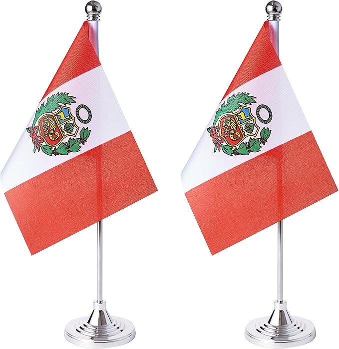 ZXvZYT 2 Pack Peru flag Peruvian Table Flag Small Mini Peruvian Desk Flags With Stand Base,International Festival Events Celebration Decorate,Home office Decorations