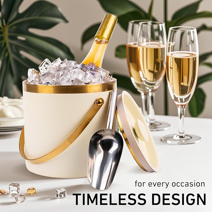 3L beige white Double Wall Insulated Stainless Steel Ice Bucket with scoop for Cocktail Bar,Metal Ice Bucket for freezer with Lid for parties.ice Container to Keep Ice Colder,bar cart accessories