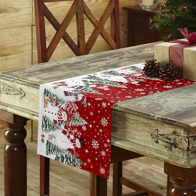 Christmas Snowman Cotton Linen Table Runner for Dining Kitchen, Xmas Tree White Snowflakes Winter Wedding Outdoor Party Tablerunners Decoration, Dresser Scarf Coffee Tablecloth Runners 13x70 Inches