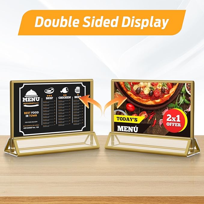 Smarpau 7x5 Gold Acrylic Sign Holder, 16 Pack Wedding Table Number Holders with Horizontal Stand, Double Sided Photo Picture Frames Stands, Flyer Stand, Paper Display Stand for Cafe, Restaurant
