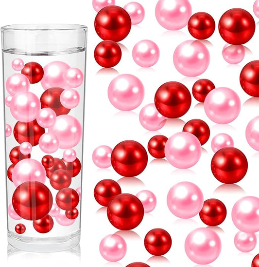 100PCS Red Pink Faux Pearls Beads for Centerpiece Vases, Vase Filler Faux Pearls, No Holes Filler Beads for Party Anniversary Valentine's Day Table Decor, 14/20/30mm