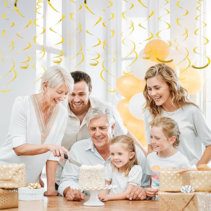24 PCS Gold Foil Hanging Swirl, Sparkle Ceiling Hanging Decorations, Plastic Streamer Party Decorations, Swirl Decorations with Double-Swirls and Single-Swirls for Birthday, Baby Shower, Christmas