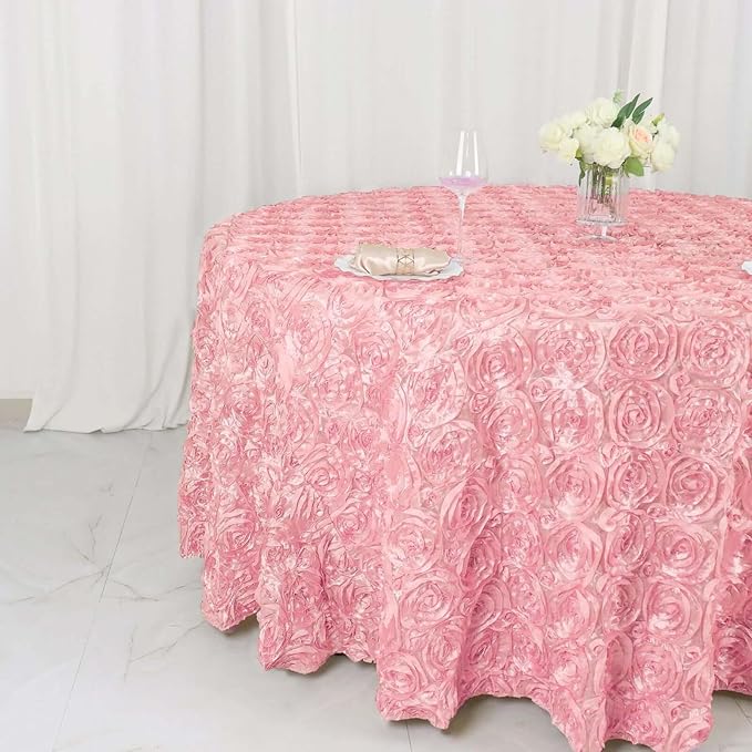 Efavormart 120" Wholesale Round Table Cover Pink Grandiose Rosette 3D Satin Tablecloth for Wedding Party Event Decoration
