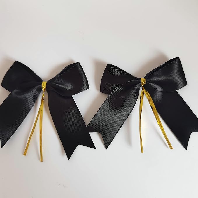50pcs 3-1/2" Black Satin Ribbon Bows with Twist Ties Fish Tail Cutting Satin Bows(Black)