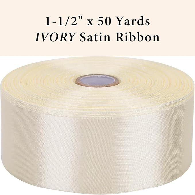 1-1/2 Inch Ivory Satin Ribbon 50 Yards Solid Fabric Ribbons for Gift Wrapping, Crafts, Floral Arrangements, Wedding, Party, Holiday and Home Decor