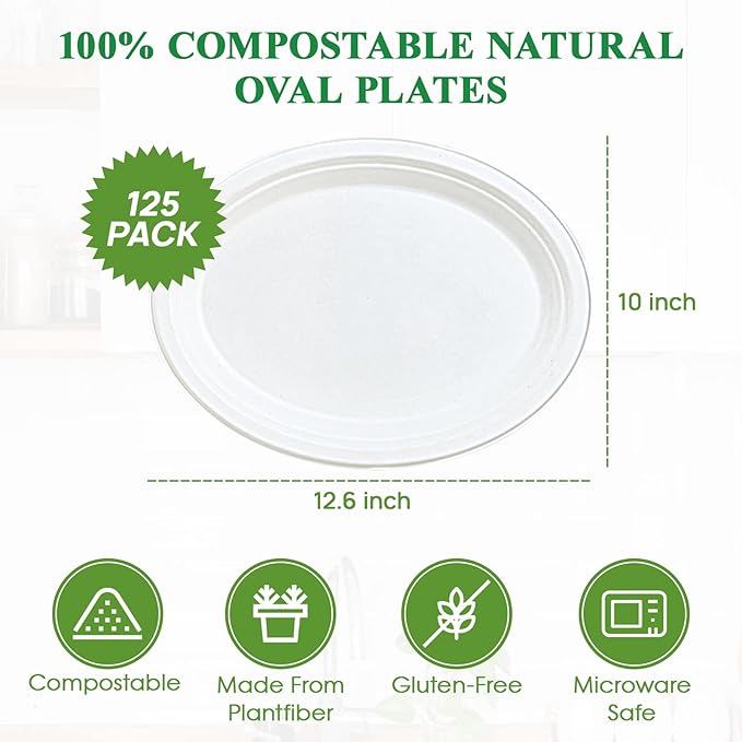 Vplus 100% Compostable Oval Paper Plates 12 inch 125 Pack Super Strong Disposable Paper Plates Bagasse Natural Biodegradable Eco-Friendly Sugarcane for BBQ, Party, Dinner, and Picnic