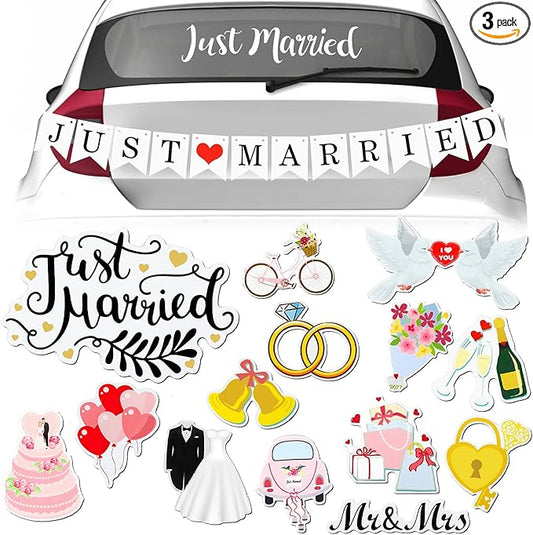 16 Pcs Just Married Car Decorations Include 14 Assorted Ornate Car Magnets Just Married Window Decal and Cardstock Sign Banner Wedding Decorations for Bridal Shower Honeymoon Photo Props