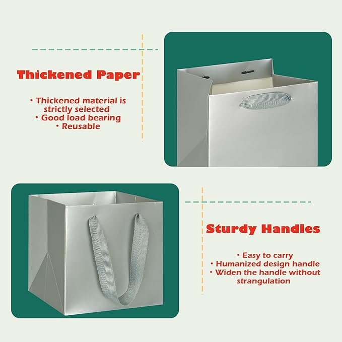 ADIDO EVA Silver Square Gift Bags Small Size Square Bottom Paper Bags with Handles for Party Favor, Shopping Packaging Bag (6x6x6 IN, 10 CT)