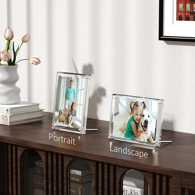 NIUBEE 5x7 Acrylic Picture Frames, Clear Photo Frame for Living Room, Diamond Edge Design, Portrait and Landscape Magnetic Family Thick Desktop Frame