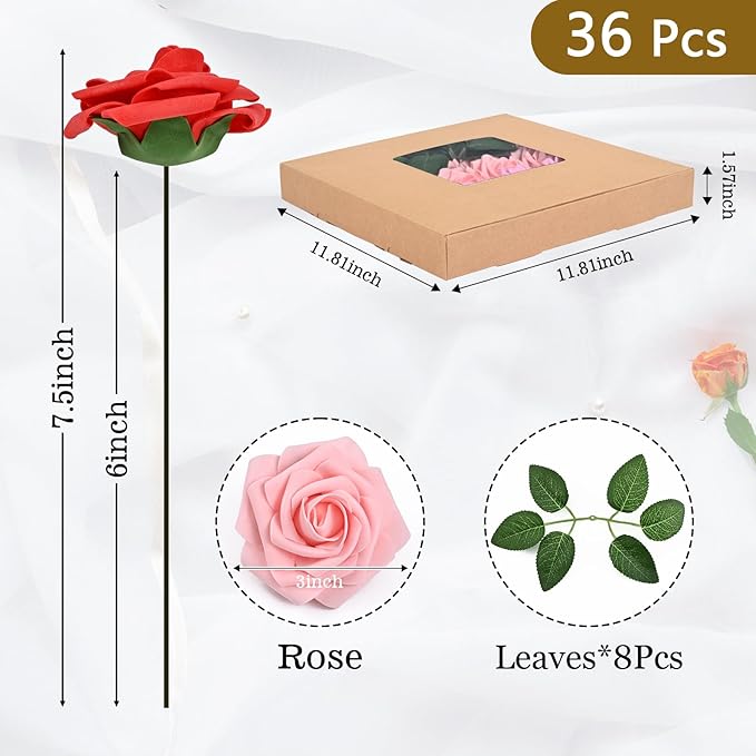 BLEUM CADE 36Pcs Artificial Flowers Fake Roses with Stems, Gradient Red & Pink Boxed Foam Roses for DIY Bouquets Centerpieces Wedding Party Arrangement Bridal Shower Decor