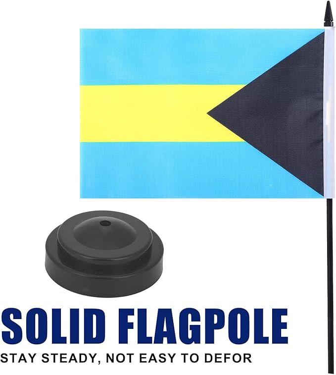 Bahamas Desk Flag 12" Solid Pole Deluxe Set Bahamian Flags Banner Mini Small Bahamas Office Table Flags with Black Stand Base Desktop Decorations(2Pack)