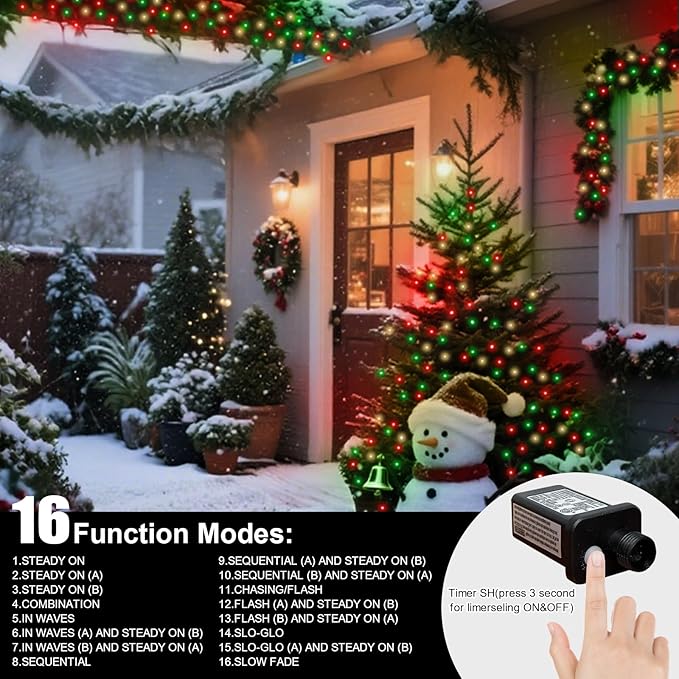 LAMPHOME 33ft Christmas Decorative Mini Lights, 100 LED Transparent Wire Fairy Starry String Lights Plug in, 16 Lighting Modes for Indoor Outdoor Xmas Tree Wedding Party Decoration (Red/Green/Warm)
