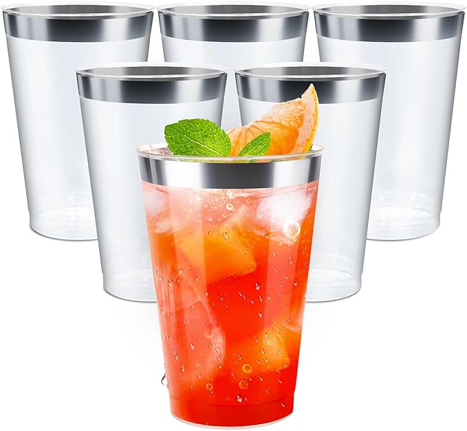 [200 Pack 12oz Clear Plastic Cups with Silver Rimmed Sturdy & Food Safe Disposable Wine Glasses Party Cups Wedding Cups Disposable Drinking Cups for Wine, Juice, Cocktails and Cold Beverages
