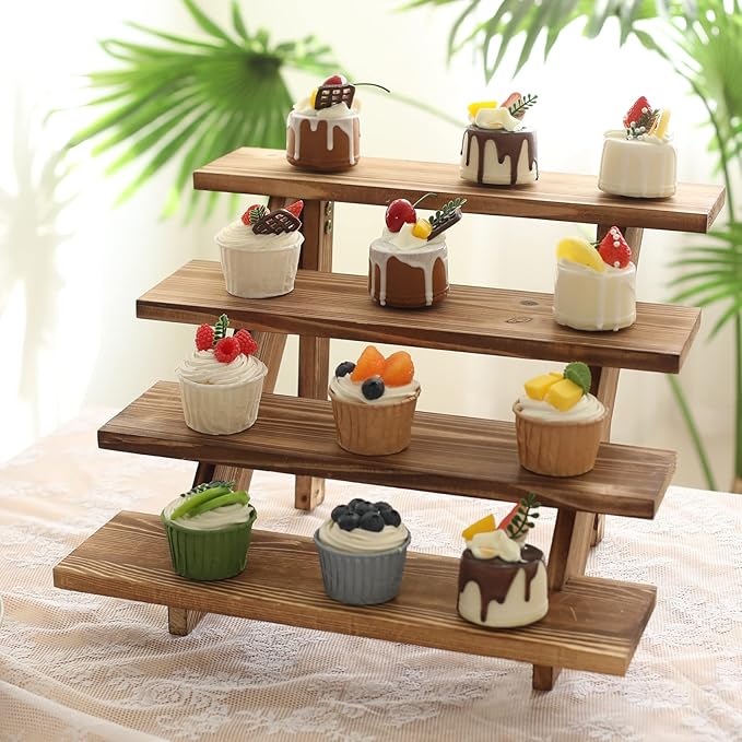 SwallowLiving Wooden Rustic Cupcake Stand for 24 Cupcakes, Stepped Wood Display Stand for Weddings, Tiered Party Table Display Riser for Food , Dessert, Cookie, Decor, Craft Show, Burnt
