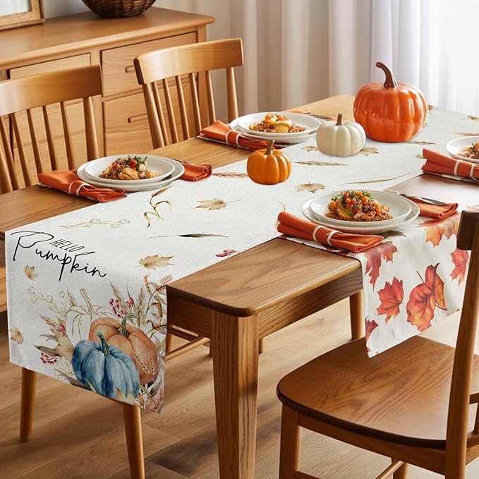 Fall Thanksgiving Cotton Linen Table Runner for Dining Kitchen, Orange Pumpkins Outdoor Party Autumn Tablerunners Decoration, Rustic Wheat Leaves Dresser Scarf Coffee Tablecloth Runners 13x36 Inches