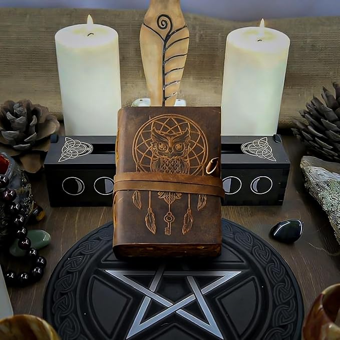 Urooj Handicraft 400 Page Book Of Shadows journal blank dream catcher with owl leather witchcraft books grimoire spell sketchbook college poetry personal notebooks (Owl 2)