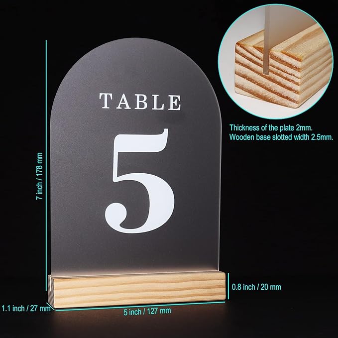 Wedding Table Numbers 26-30, Acrylic Arch Signs with Natural Wood Stands Holders, Rustic Table Decor for Reception & Parties (Frosted White)