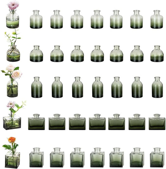 Glasseam Bud Flower Vases in Bulk: 40 Glass Cute Small Vases for Centerpieces Vintage Mini Wedding Birthday Party Table Centerpieces Tiny Baby Shower Dining Room Decoration Green