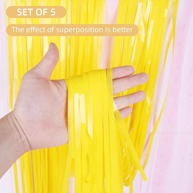 5 Pack Yellow Foil Curtain Backdrop 3.2ft x 8.2ft Tinsel Foil Fringe Curtains Macaron Photo Booth Streamer Backdrop for Party Decorations Birthday Baby Shower Bachelorette Holiday Decor (Yellow)