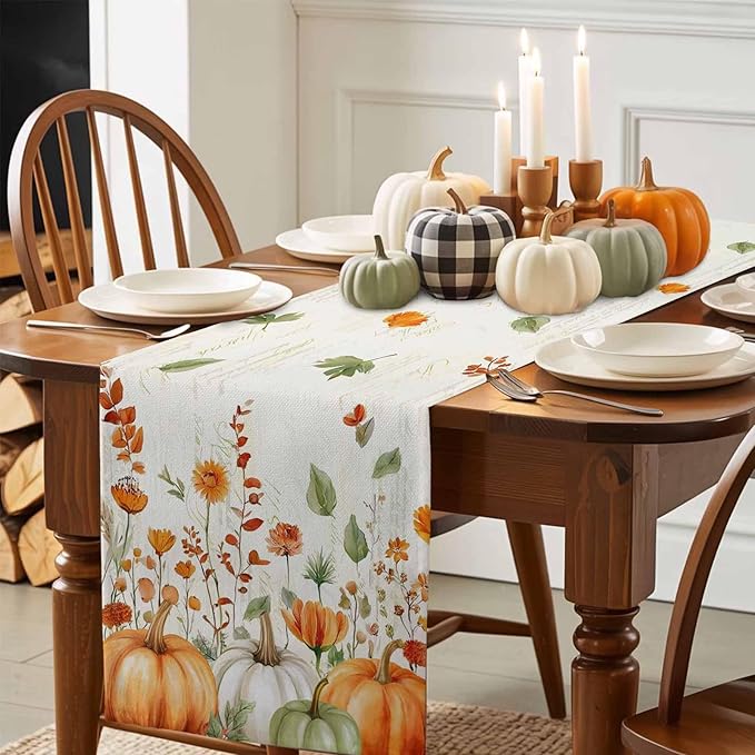 Fall Wildflowers Cotton Linen Table Runner for Dining Kitchen, Thanksgiving Pumpkin Outdoor Party Rustic Tablerunners Decoration, Botanical Floral Vintage Dresser Scarf Tablecloth Runners 13x60 Inches
