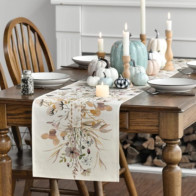 Artoid Mode Wildflower Leaves Floral Fall Table Runner, Autumn Thanksgiving Kitchen Dining Table Decoration for Indoor Outdoor Home Party 13x120 Inch