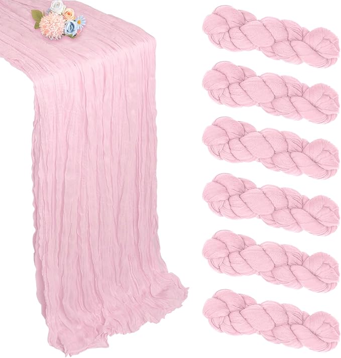 6 Pack Pink Table Runner 10ft Boho Gauze Fabric Cheesecloth Table Runner 35 x 120 Inch Rustic Sheer Runner for Romantic Wedding Centerpiece Decor Baby Shower Party Table Decoration