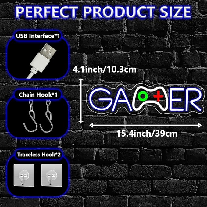 Gamer Neon Sign,Gamepad Shaped Dimmable LED Light Signs for Wall Art Decor,Gaming Backdrop for Game Room Bar Bedroom Club Party Man Cave,Game Gift for Boys Teen Men USB Powered（15.4"*4.1"）