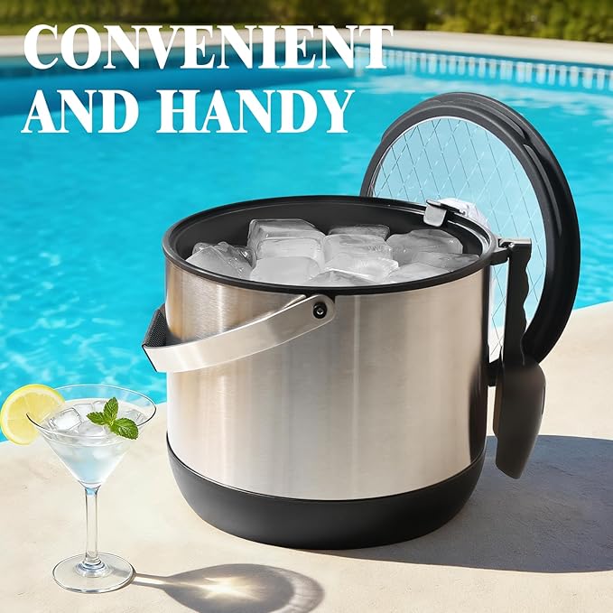 5QT/4.8L Double-Wall Insulated Ice Bucket with Scoop & Lid,Large Capacity Stainless Steel Beverage Bucket for Party Cocktail Bar, Champagnes (Black