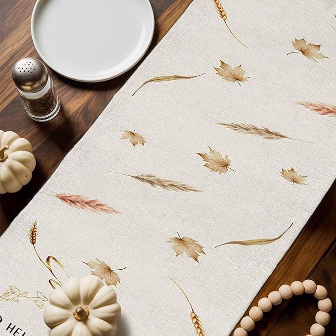 Fall Thanksgiving Cotton Linen Table Runner for Dining Kitchen, Orange Pumpkins Outdoor Party Autumn Tablerunners Decoration Rustic Wheat Leaves Dresser Scarf Coffee Tablecloth Runners 13x108 Inches