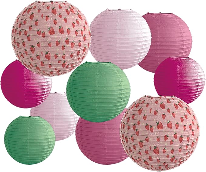 Paper Lanterns Pink Strawberry Girls Party Decor Hanging Chinese Lantern 12+10+8 inch Bohemian Decorations Baby Shower Ceilling Decor and Party Gift