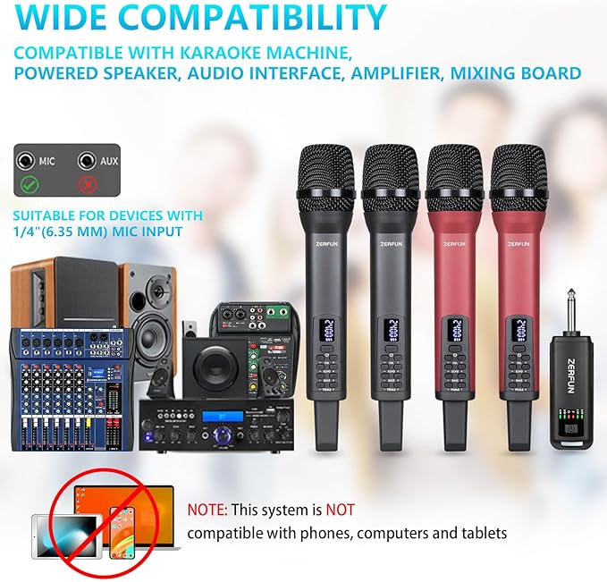 Rechargeable Wireless Microphones 4, Pro Handheld Cordless Mics System Dynamic with Echo Treble BASS VOL Control for Karaoke Singing Church Party, 1/4'' Output, D240, Grey&Red