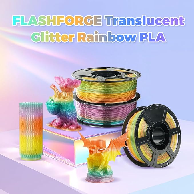 FLASHFORGE Translucent Glitter PLA Crystal Rainbow Candy Filament, Shiny Sparkling Gradient 3D Printer Filament, Fast Color Change Between Yellow Pink Blue Green, Adjustable Transparency