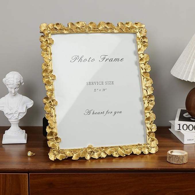 Cuspin 11x14 Picture Frame Vintage Gold Frames, Ornate Leaf Textured Hand-Crafted Resin with Glass Front, Gold Picture Frames for Tabletop Display, Retro Design Home Decor