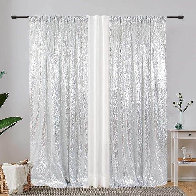 Eternal Beauty Silver Sequin Backdrop Curtains, Shimmer Back Drop 2Panels-2FTx8FT for Christmas, Party, Birthday, Photography, Wedding, Baby Shower Event Decoration