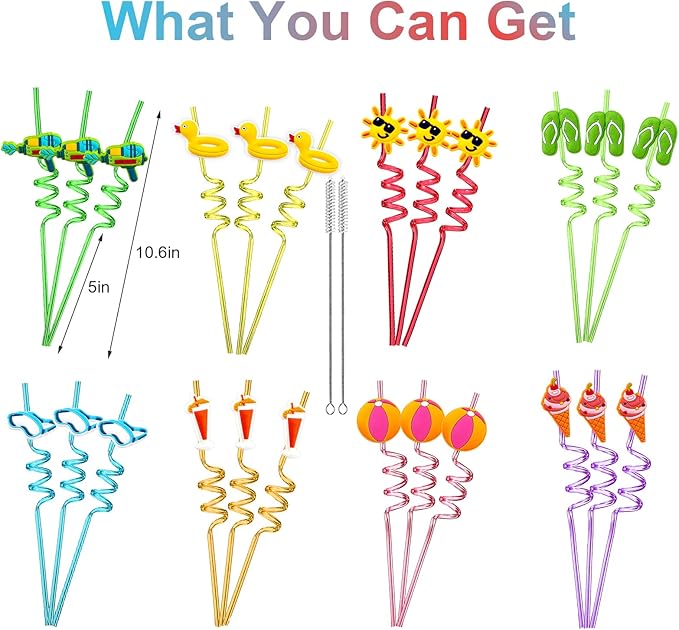 24Pcs Beach Drinking Straws Beach Ball Pool Summer Birthday Party Supplies Decorations with 2Pcs Cleaning Brushes