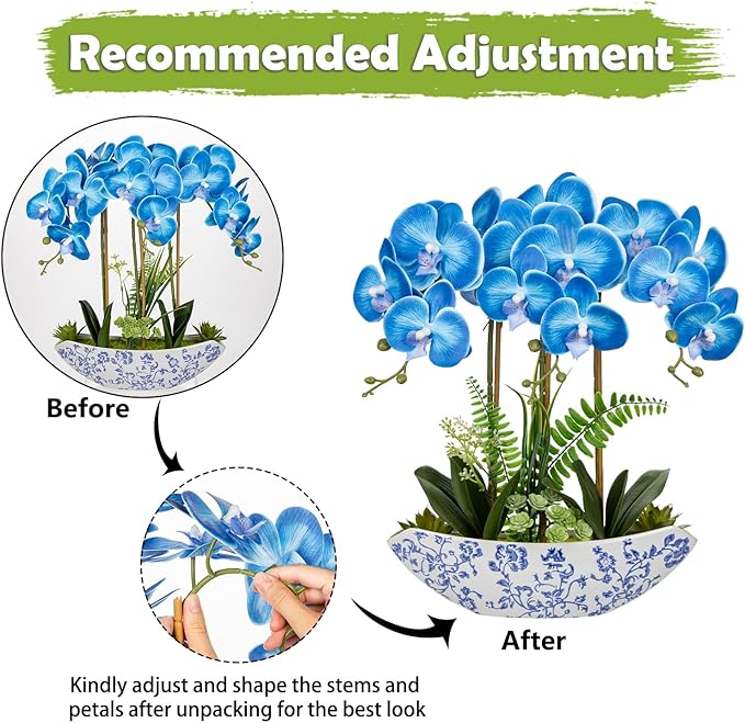 Briful Blue Orchid Artificial Flowers 18in Fake Orchid Silk Flowers with Blue and White Ceramic Pot Faux Orchid Arrangement for Home Office Room Dining Table Centerpiece Modern Decor