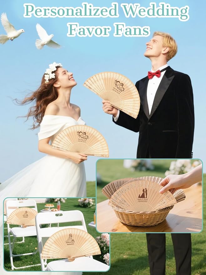30Pcs Personalized Folding Hand Fans Custom Engraved Summer Wedding Fans,Personalized Wooden Fans Party Favor Bridal Shower Gifts for Guests