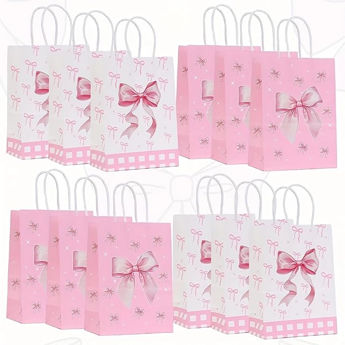 24Pcs Pink Bow Party Favor Bags,Gift Bags with Handles for Bridal Engagement Baby Shower,Barbie themed Goodie Bag Candy Bag for Birthday Bachelor Barbie Party Decoration Wedding