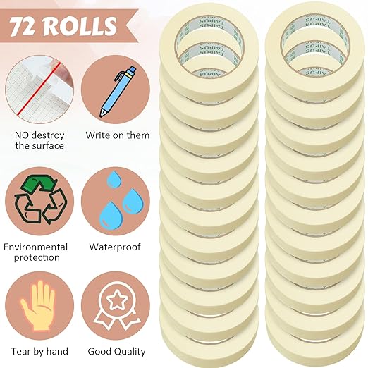 Masking Tape Bulk General Purpose Masking Painting Tape 55 Yards for Painting Home Office School Stationery Arts Crafts Basic Use, Easy Removal(72 Rolls,0.8 Inch)