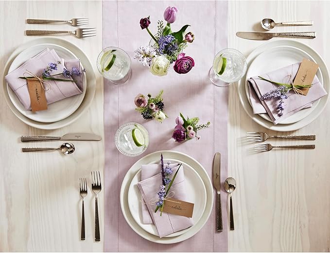 Solino Home Linen Lilac Table Runner 90 Inches Long - 100% Pure Linen Hemstitch 14 x 90 Inch Table Runner for Dining, Fall, Autumn, Thanksgiving, Christmas - Classic Hemstitch