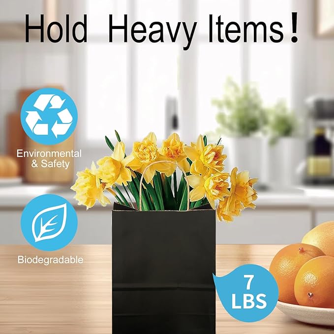 100 Pack Medium 5.9x3.1x8.25Inch Black Kraft Paper Gift Bags with Handles for Bulk Shopping, Retail, Craft, Party Favors, Wedding, Grocery & Sacks