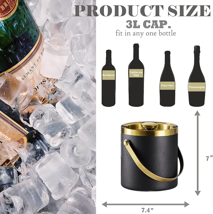 Insulated Ice Bucket with Lid, Handle and Tong Black Gold Stainless Steel Champagne Bucket for Party 3L Bar Cart Accessories Keep Drinks Chilled