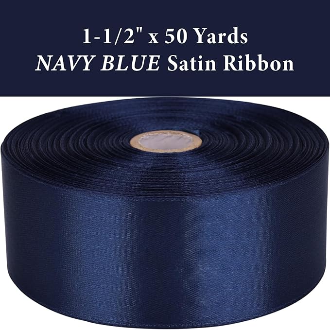 1-1/2 Inch Navy Blue Satin Ribbon 50 Yards Solid Fabric Ribbons for Gift Wrapping, Crafts, Floral Arrangements, Wedding, Party, Holiday and Home Decor