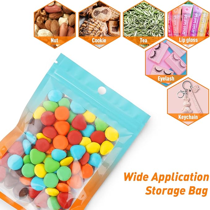 Funfery 100 Pack Mylar Holographic Bags,Clear Window Foil Bag Seal Pouch Resealable Baggie with Zipper,Packaging Bag for Food Storage,Lash,Jewelry,Business Supplies(2.7×3.9in,Blue Orange)