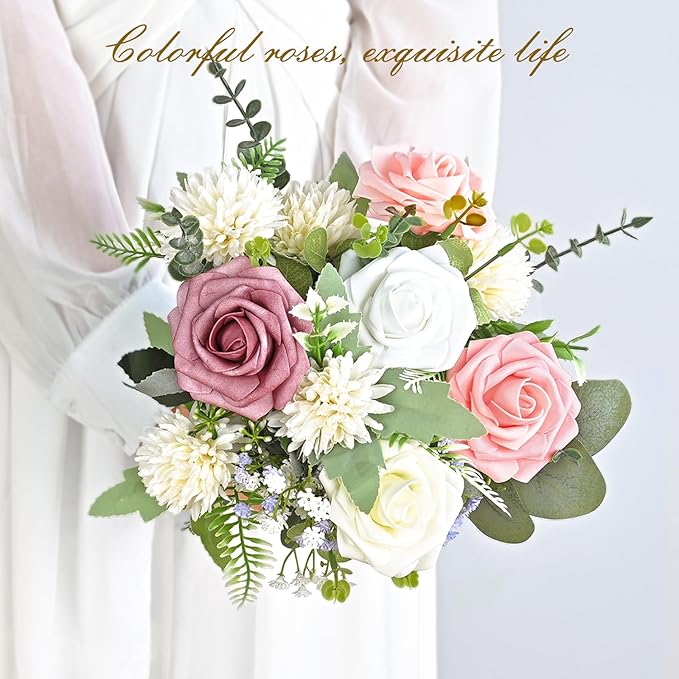 BLEUM CADE 16Pcs Artificial Flowers Fake Roses with Stems, Gradient Dusty Rose Boxed Foam Roses for DIY Bouquets Centerpieces Wedding Party Arrangement Bridal Shower Decor